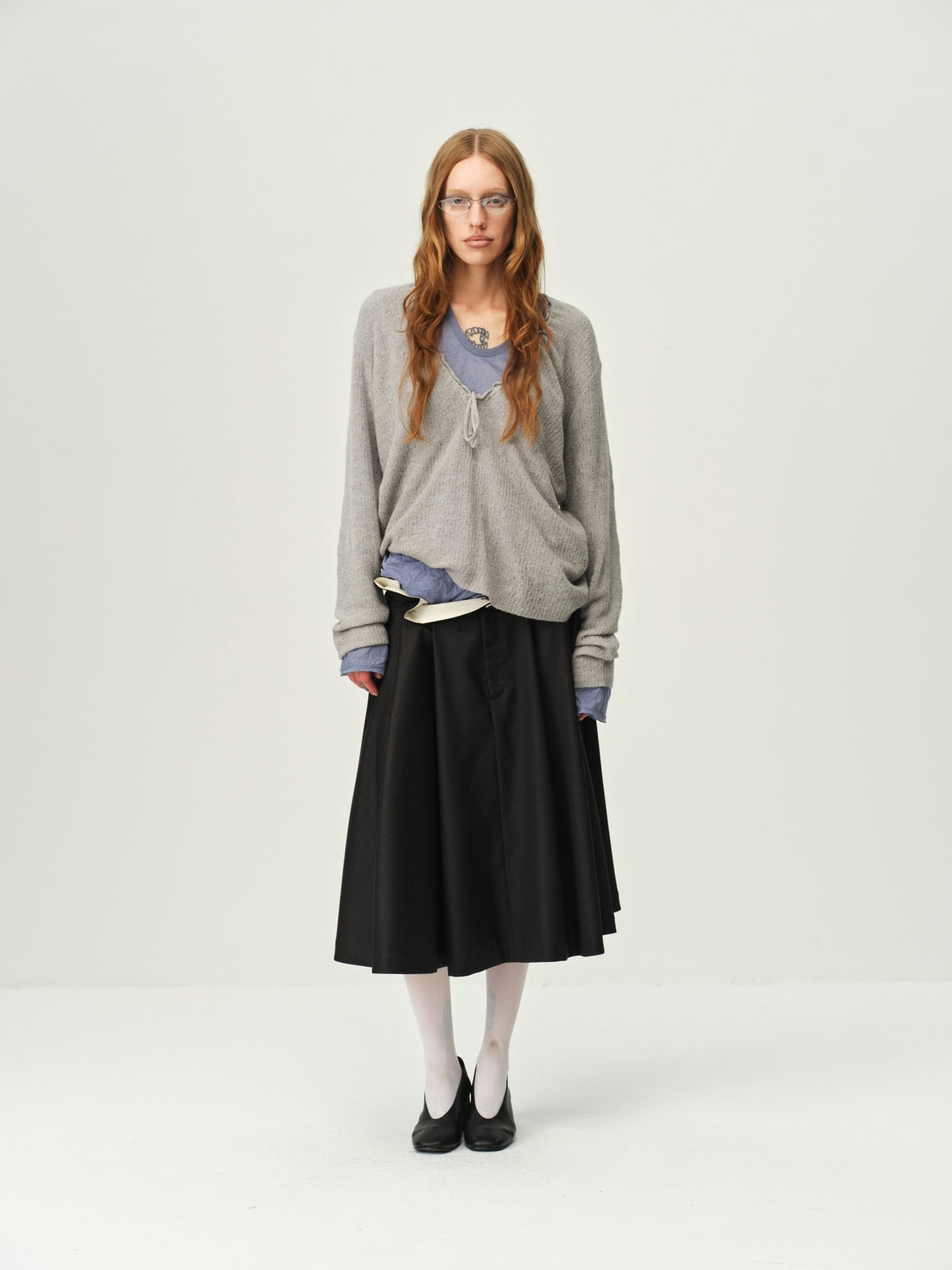 Wool V-Neck Drawstring Knit Sweater