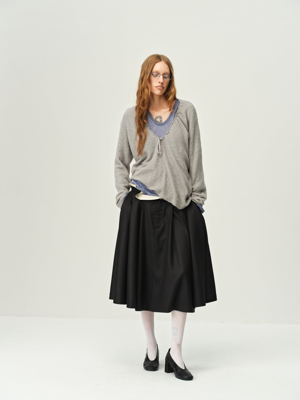 Wool V-Neck Drawstring Knit Sweater