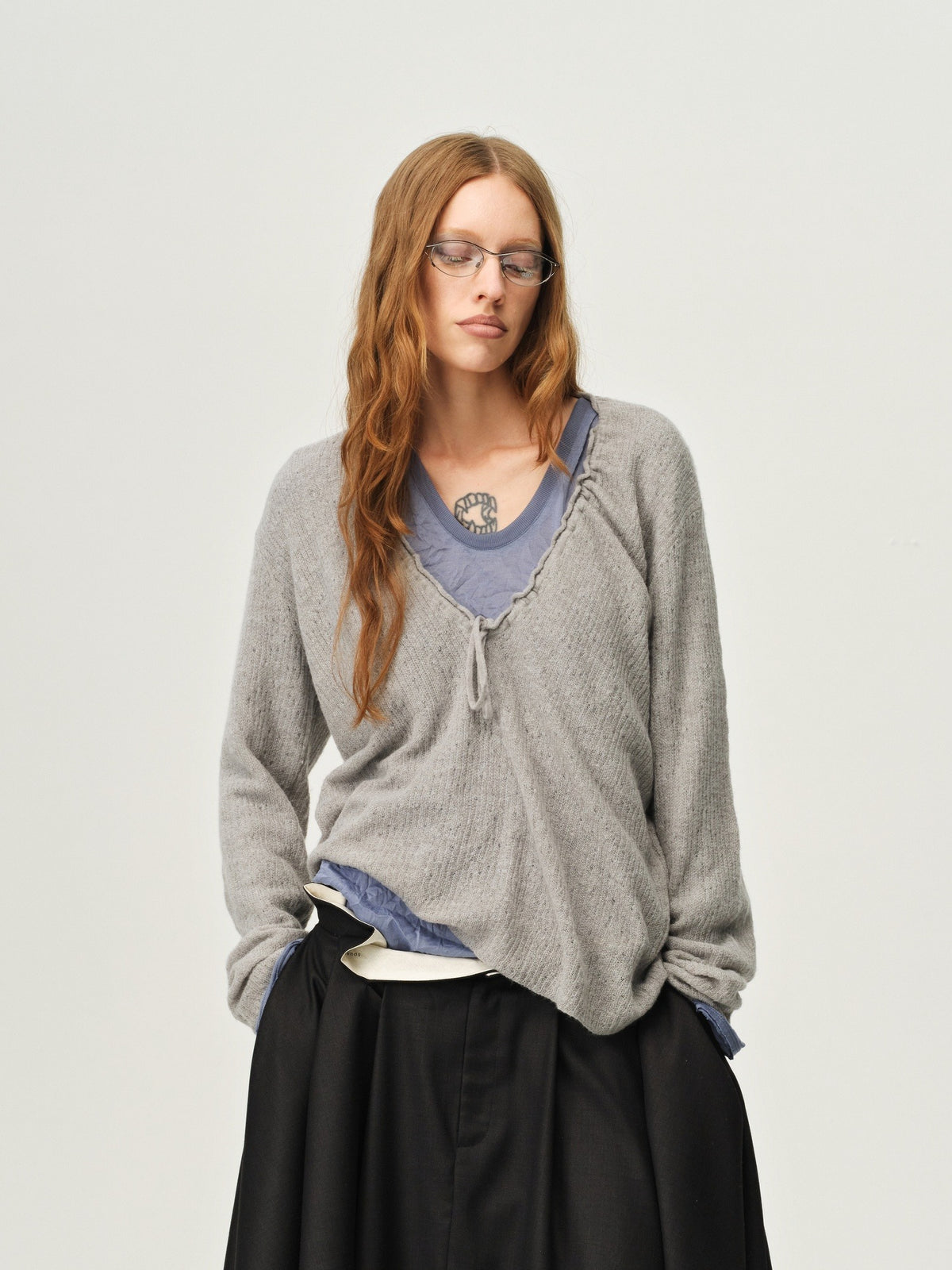 Wool V-Neck Drawstring Knit Sweater
