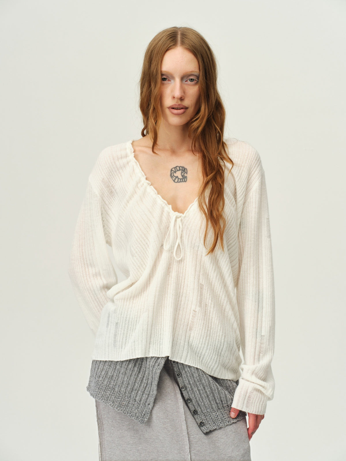 Wool V-Neck Drawstring Knit Sweater