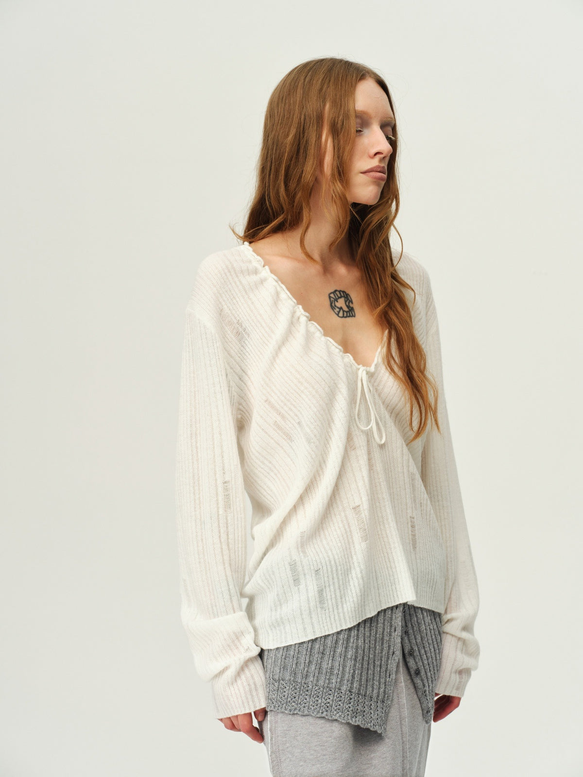 Wool V-Neck Drawstring Knit Sweater
