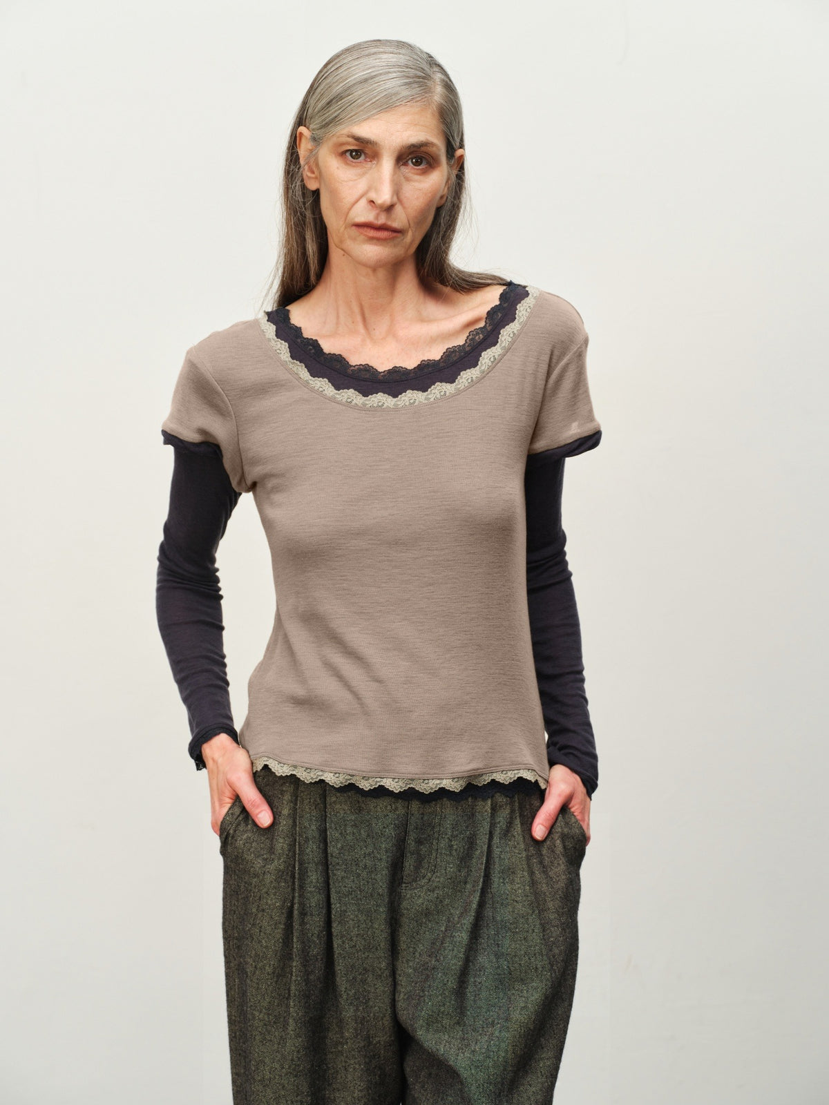 Faux Two-Piece Lace Colorblock Top