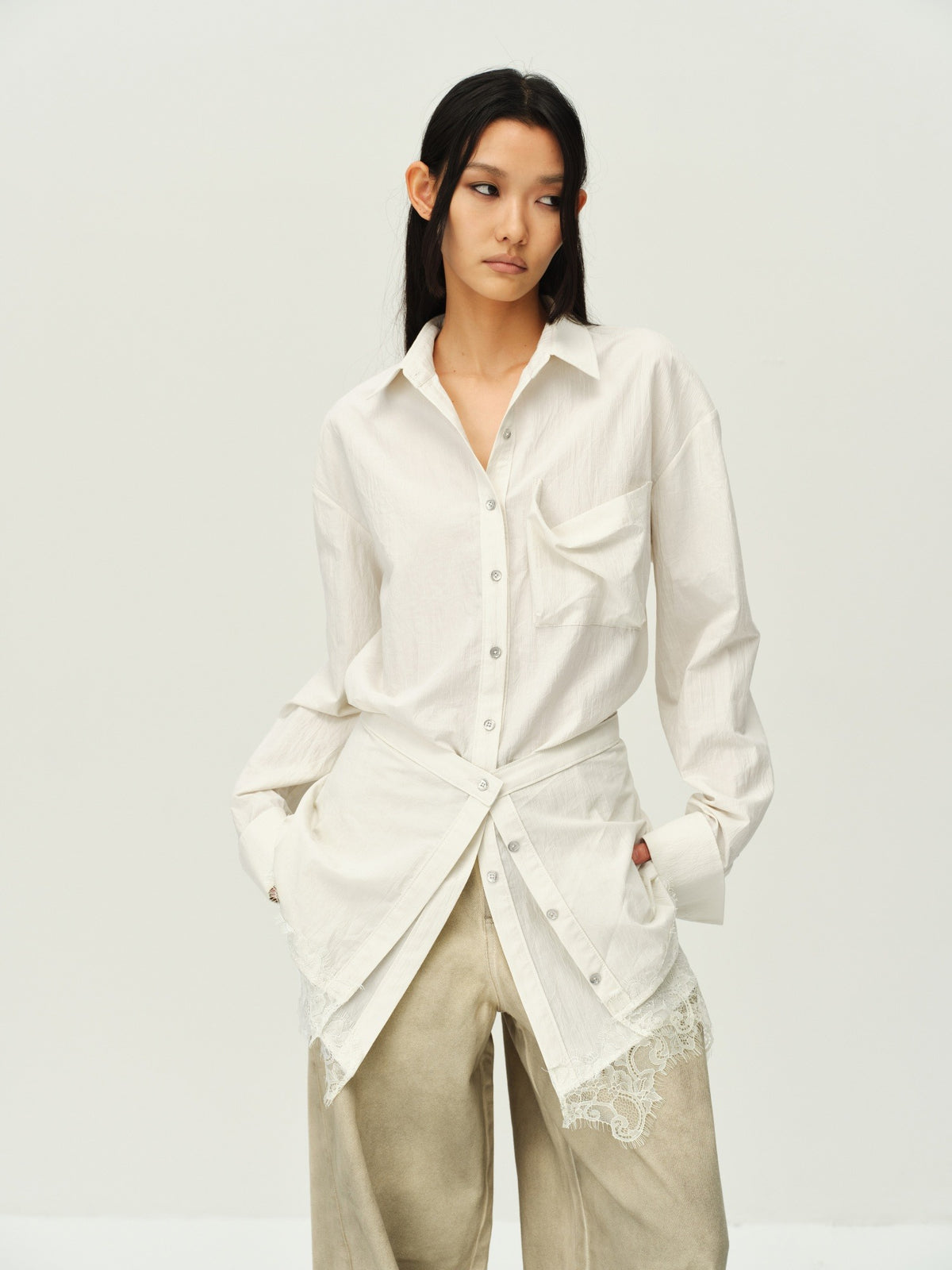 Faux Two-Piece Lace-Layered Shirt Dress