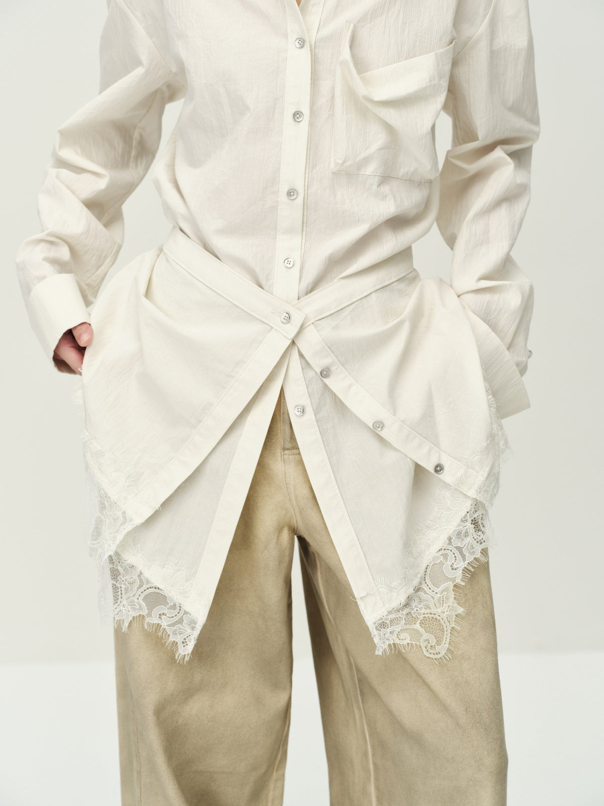Faux Two-Piece Lace-Layered Shirt Dress