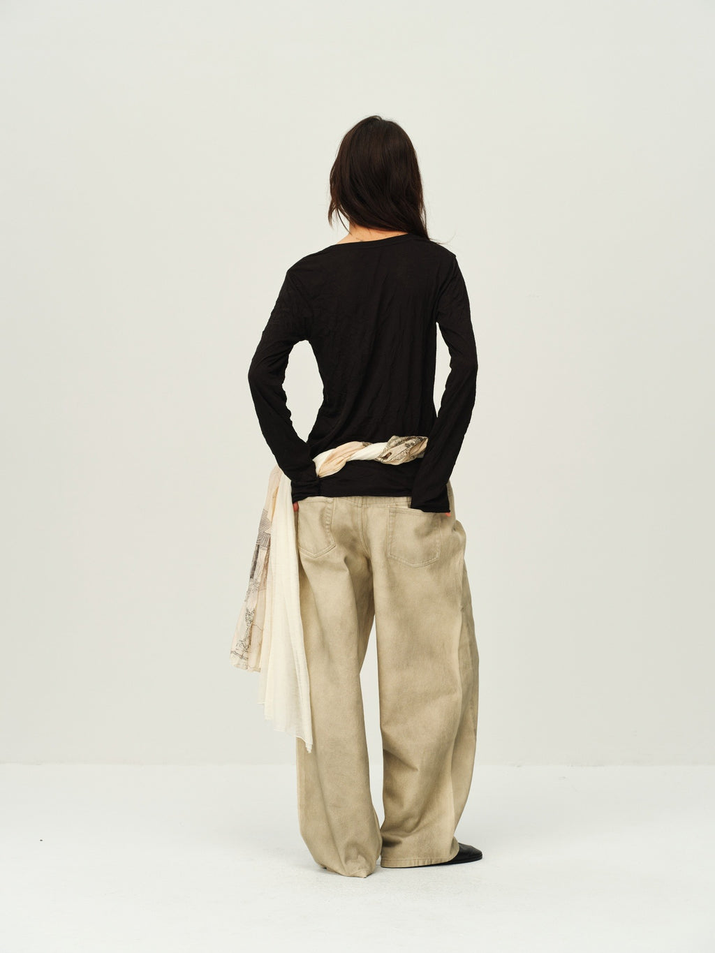 Crinkled Sheer V-Neck Long-Sleeve Top