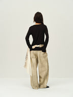 Crinkled Sheer V-Neck Long-Sleeve Top