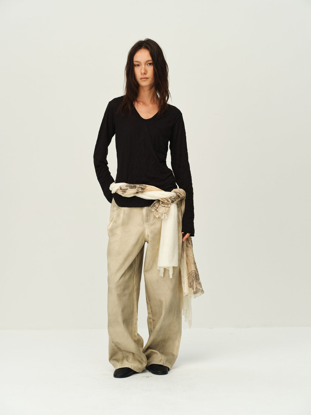 Crinkled Sheer V-Neck Long-Sleeve Top