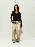 Crinkled Sheer V-Neck Long-Sleeve Top