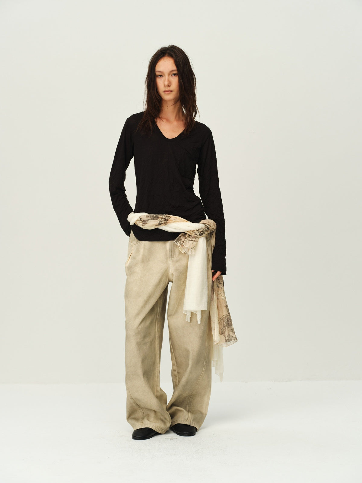 Crinkled Sheer V-Neck Long-Sleeve Top