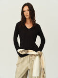 Crinkled Sheer V-Neck Long-Sleeve Top