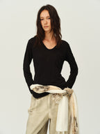 Crinkled Sheer V-Neck Long-Sleeve Top