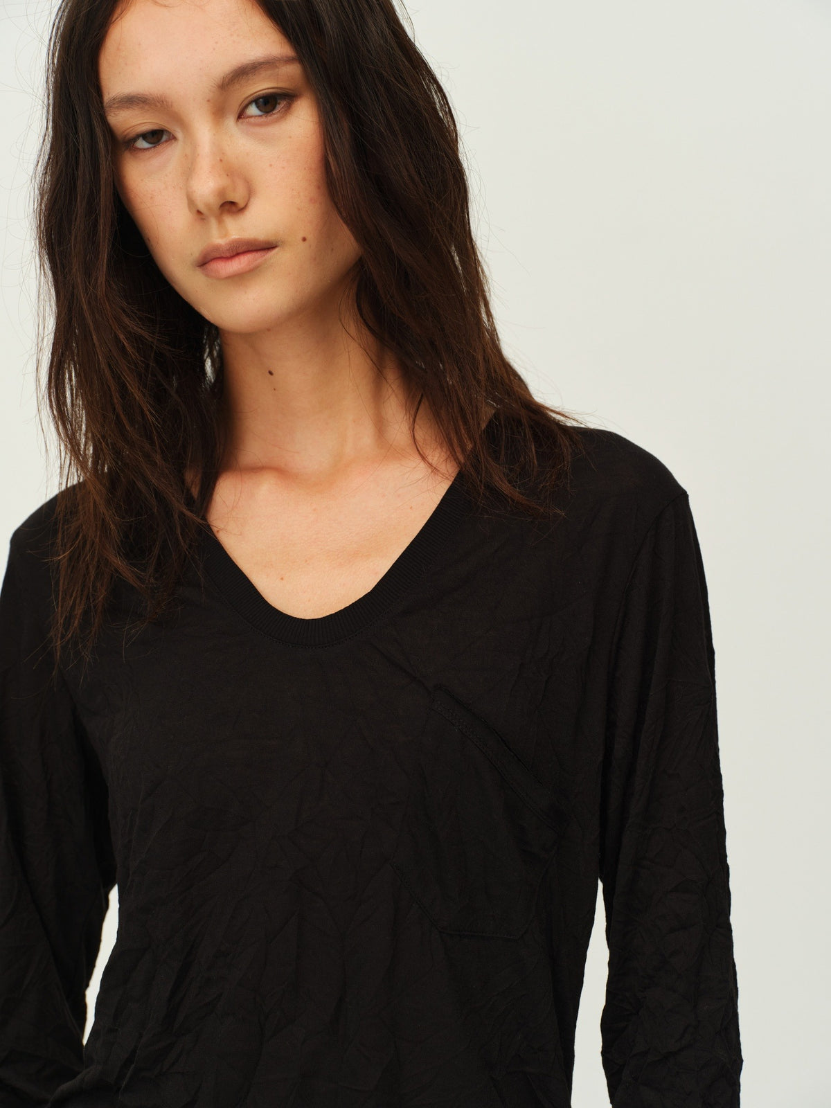 Crinkled Sheer V-Neck Long-Sleeve Top