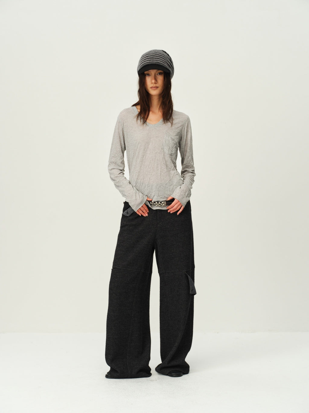 Crinkled Sheer V-Neck Long-Sleeve Top