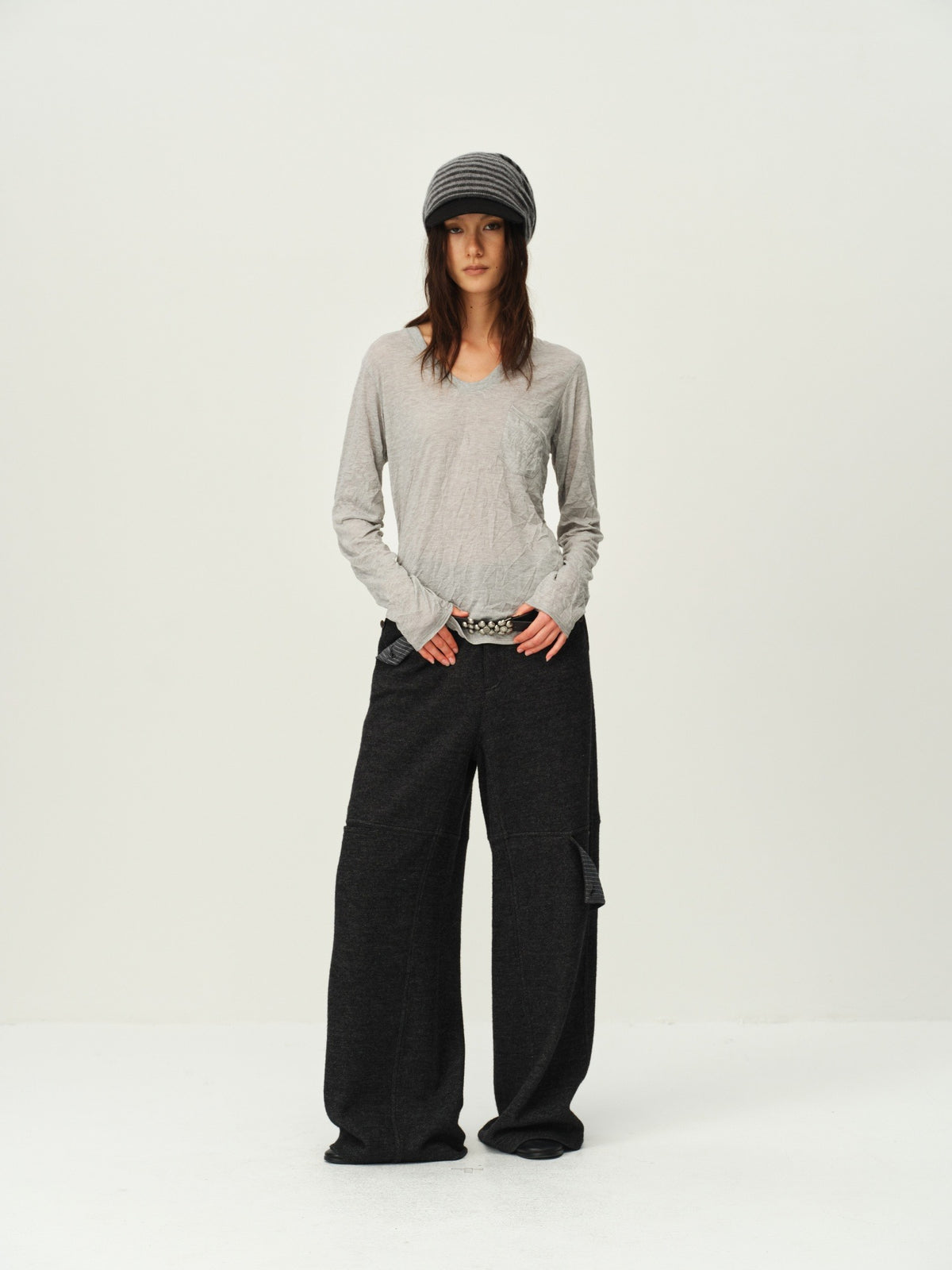 Crinkled Sheer V-Neck Long-Sleeve Top