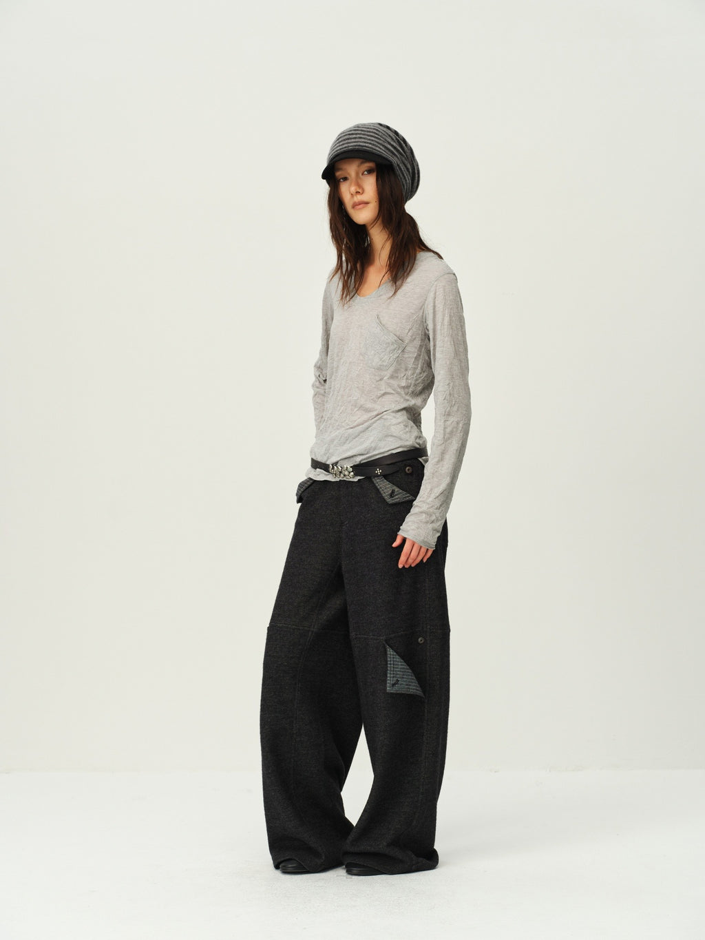 Crinkled Sheer V-Neck Long-Sleeve Top