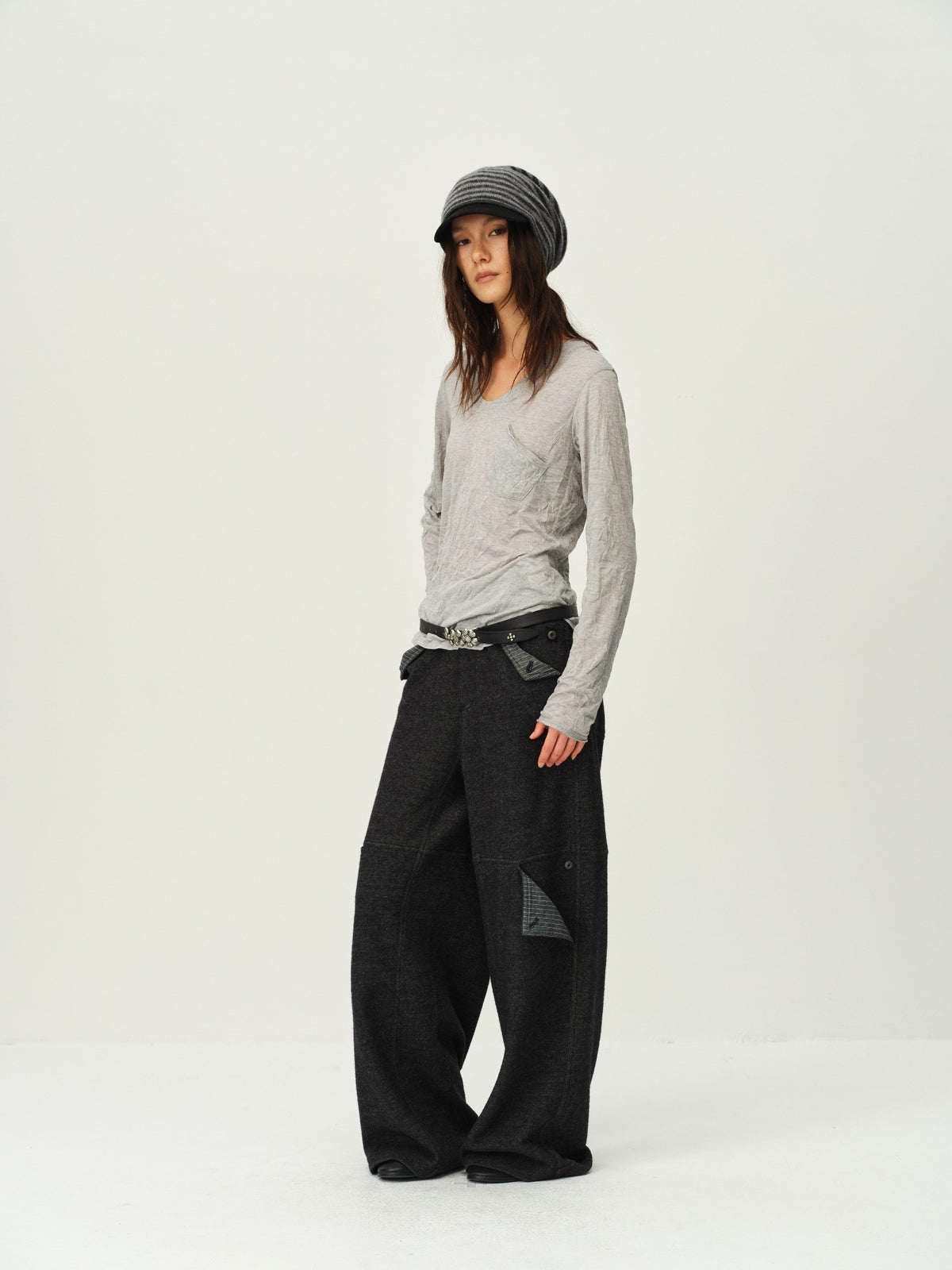 Crinkled Sheer V-Neck Long-Sleeve Top