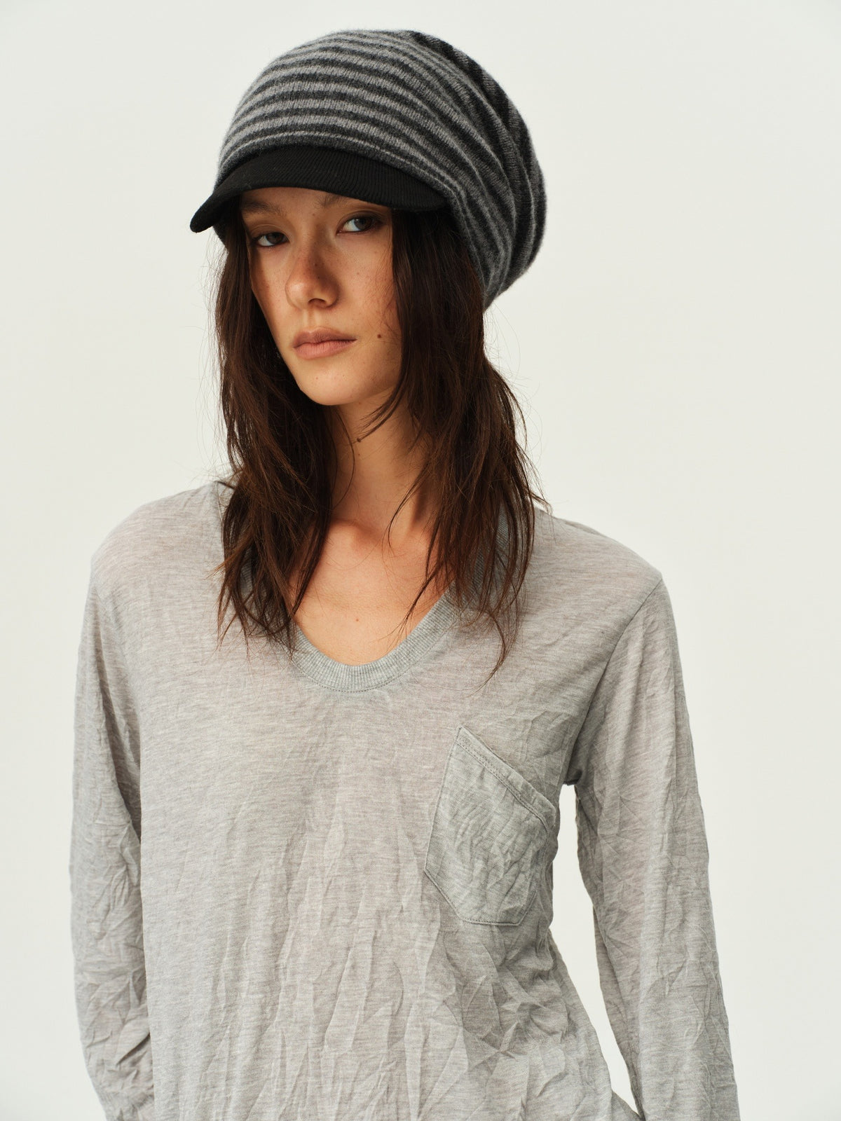 Crinkled Sheer V-Neck Long-Sleeve Top