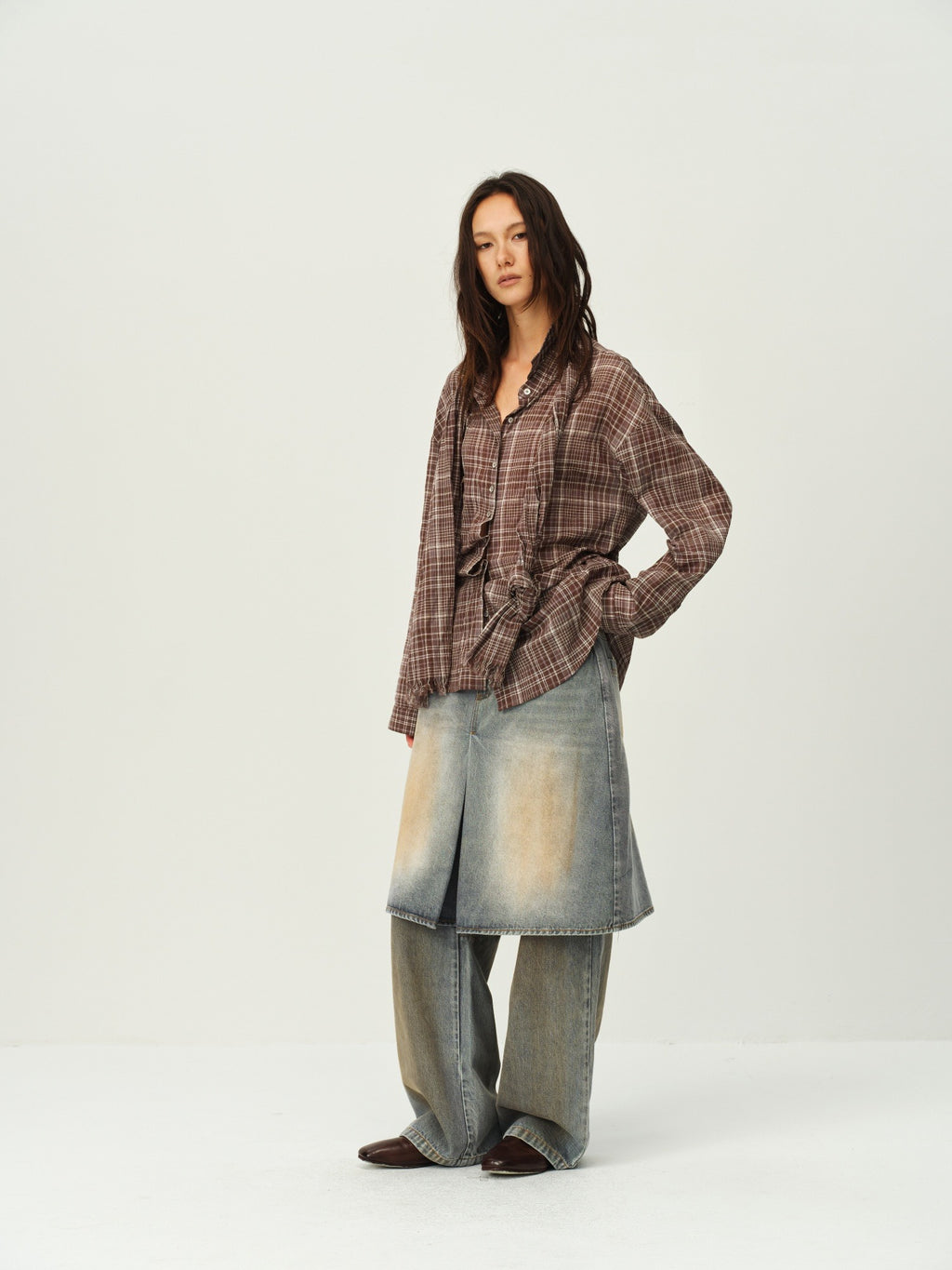 Vintage Plaid Scarf-Collar Shirt