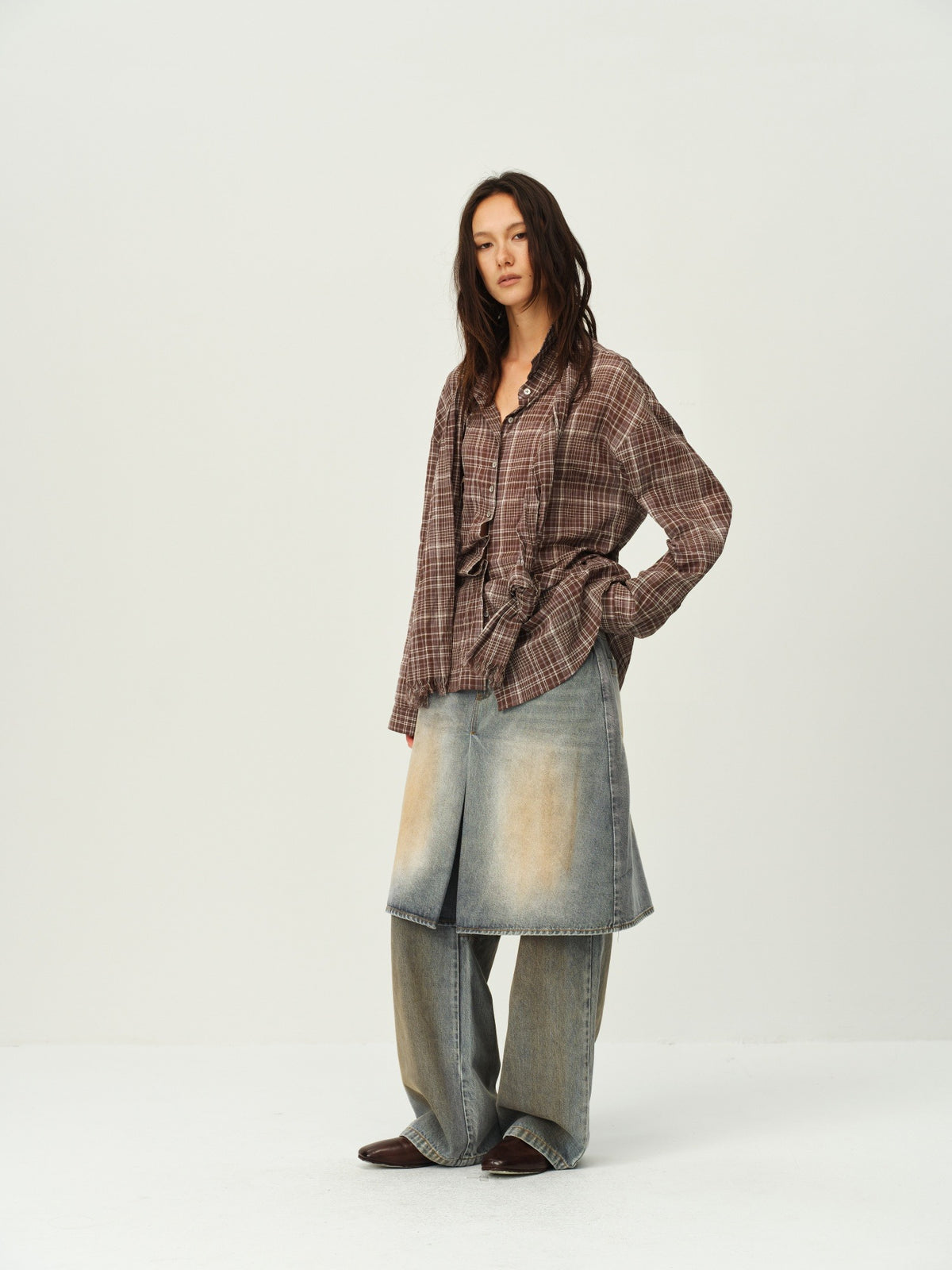 Vintage Plaid Scarf-Collar Shirt