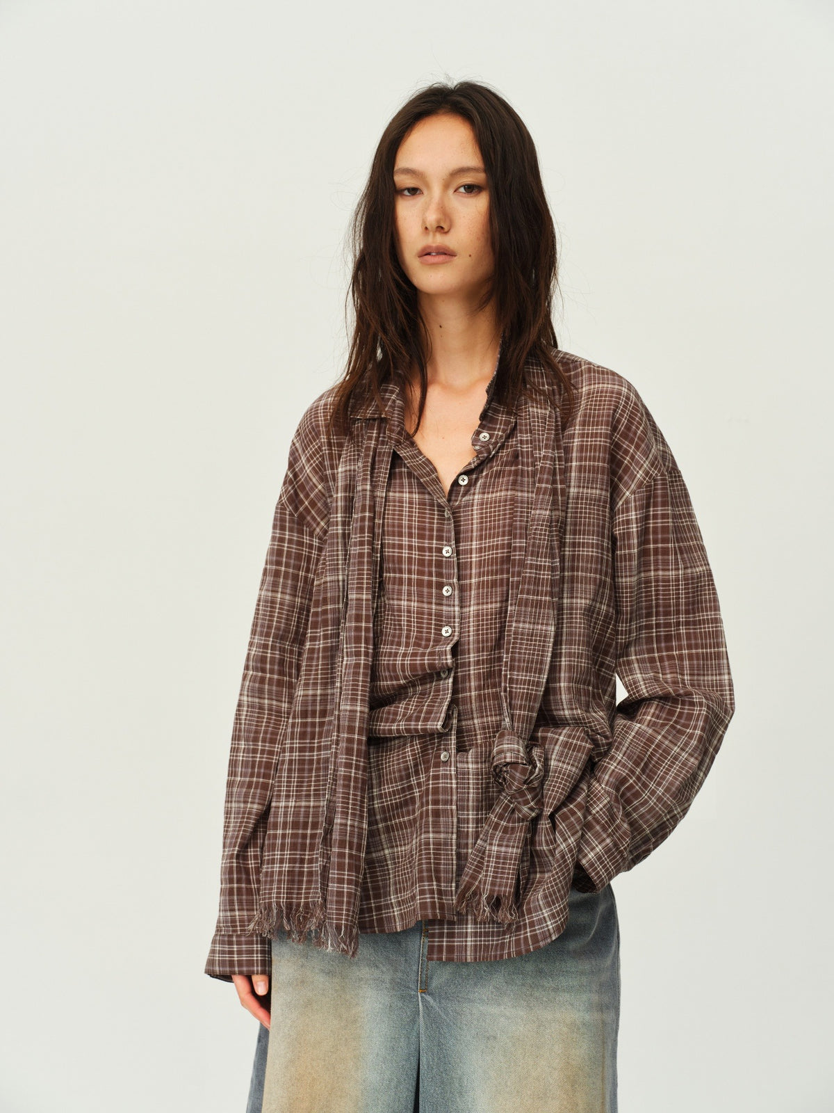 Vintage Plaid Scarf-Collar Shirt