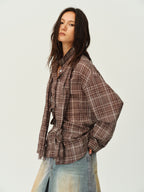 Vintage Plaid Scarf-Collar Shirt