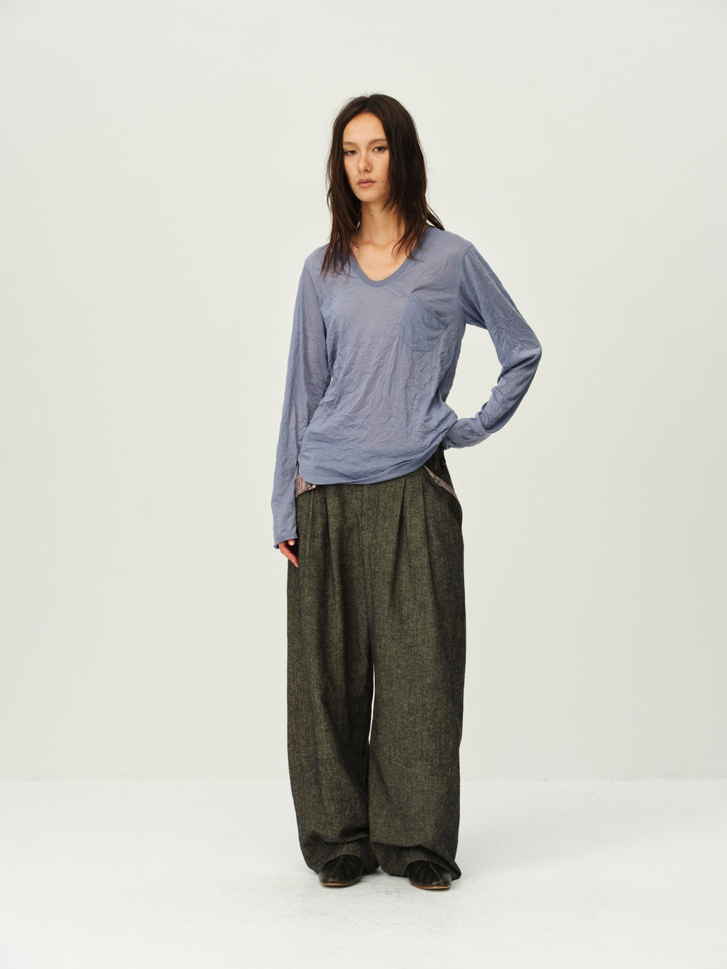 Crinkled Sheer V-Neck Long-Sleeve Top