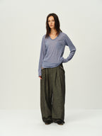 Crinkled Sheer V-Neck Long-Sleeve Top