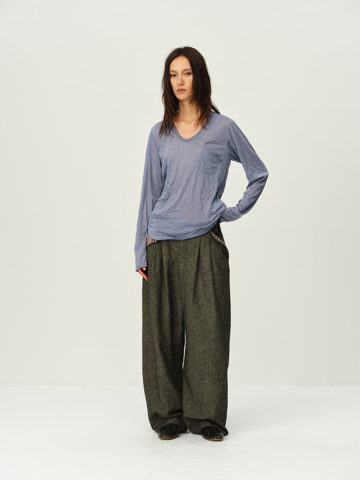 Crinkled Sheer V-Neck Long-Sleeve Top