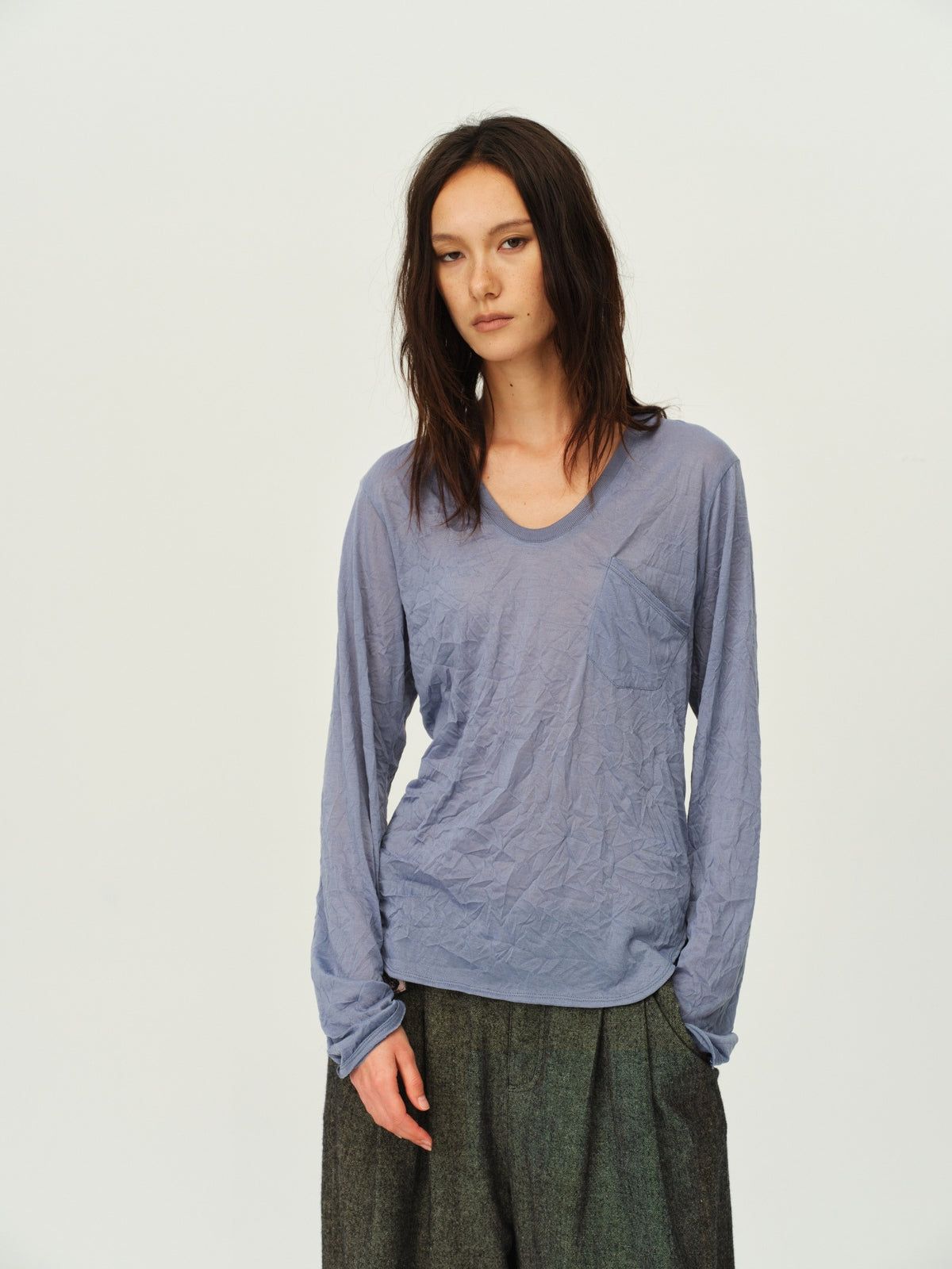 Crinkled Sheer V-Neck Long-Sleeve Top