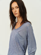 Crinkled Sheer V-Neck Long-Sleeve Top