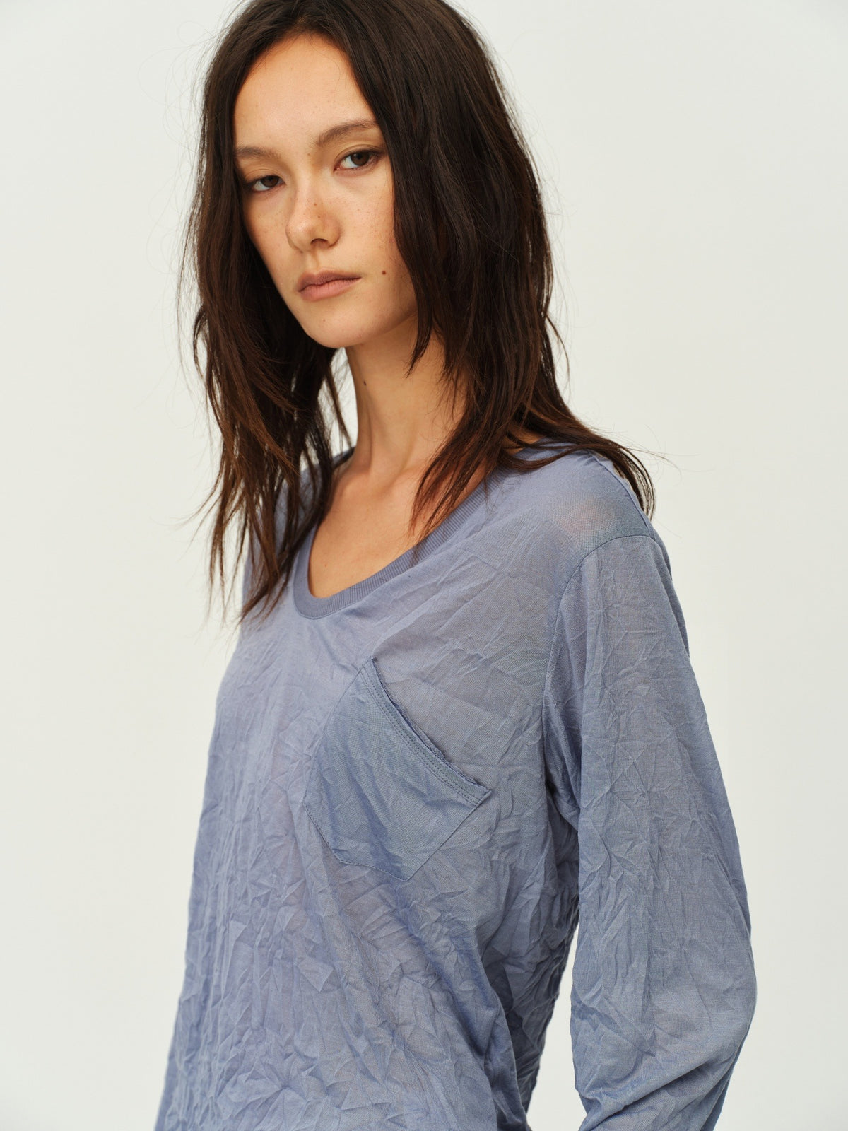 Crinkled Sheer V-Neck Long-Sleeve Top