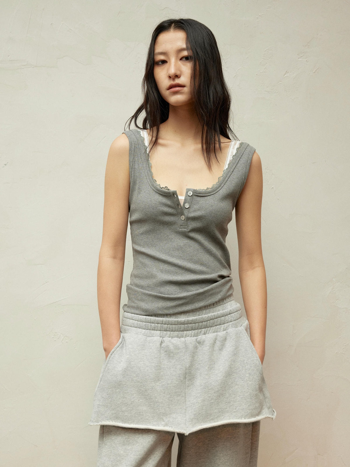 Lace Collar Paneled Henley Neck Layering Utility Vest