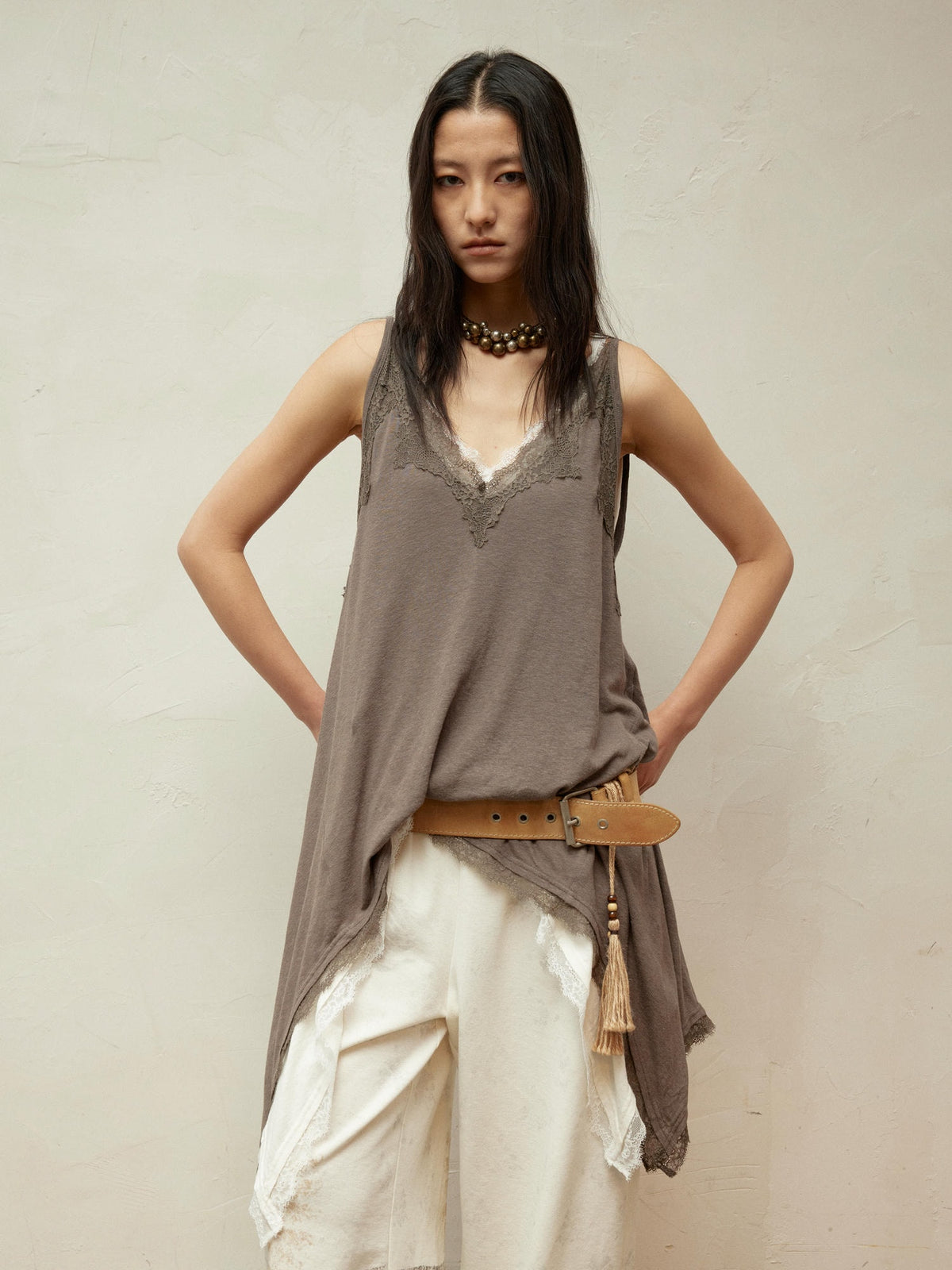 Lace-Paneled Linen V-Neck Tank