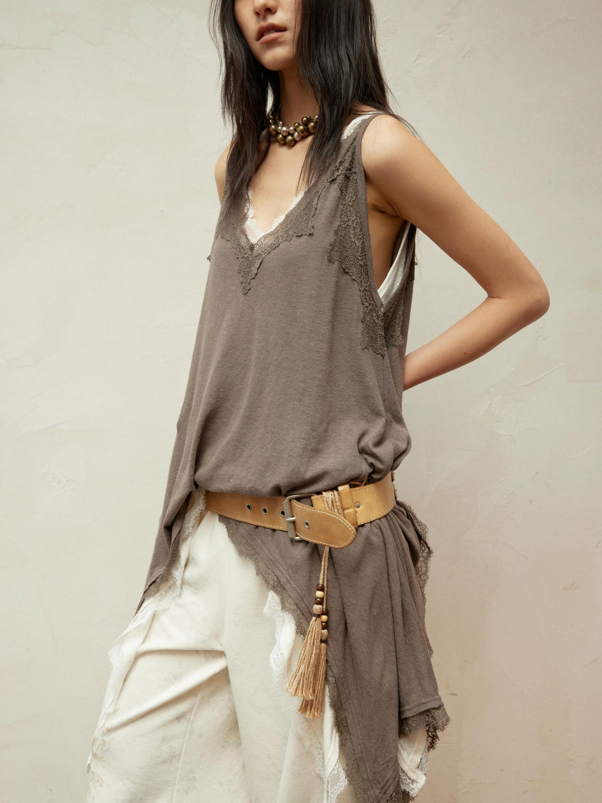 Lace-Paneled Linen V-Neck Tank