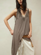 Lace-Paneled Linen V-Neck Tank