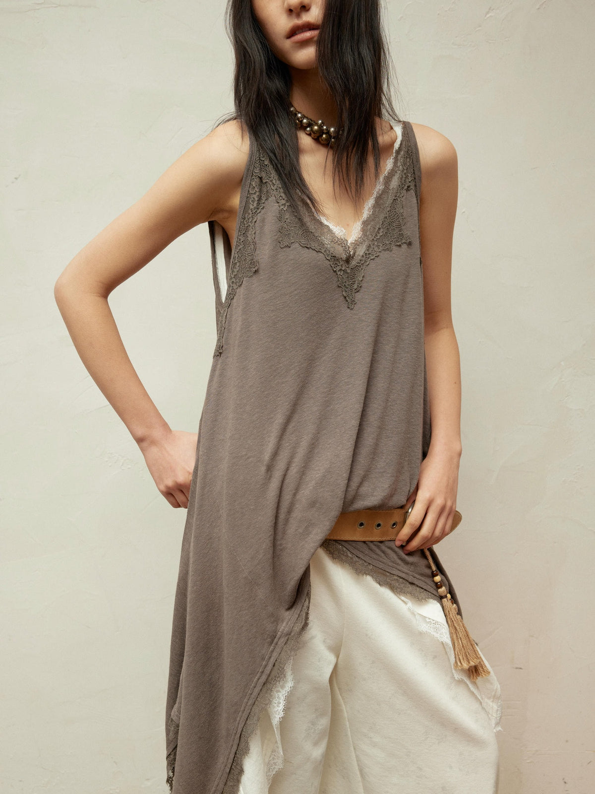 Lace-Paneled Linen V-Neck Tank