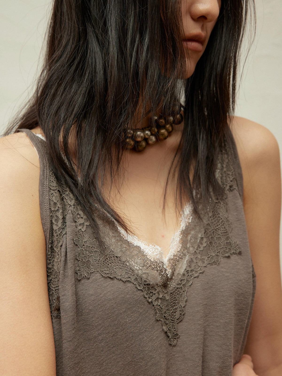 Lace-Paneled Linen V-Neck Tank