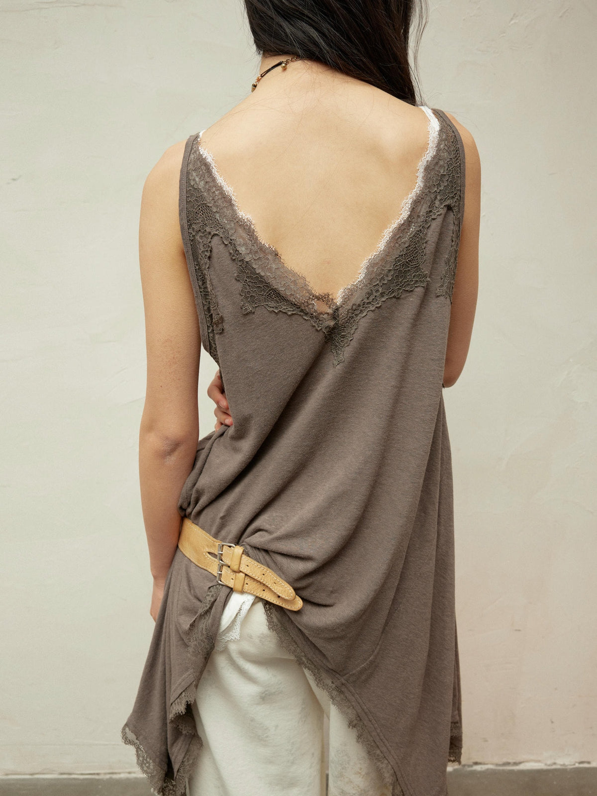 Lace-Paneled Linen V-Neck Tank