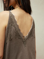 Lace-Paneled Linen V-Neck Tank