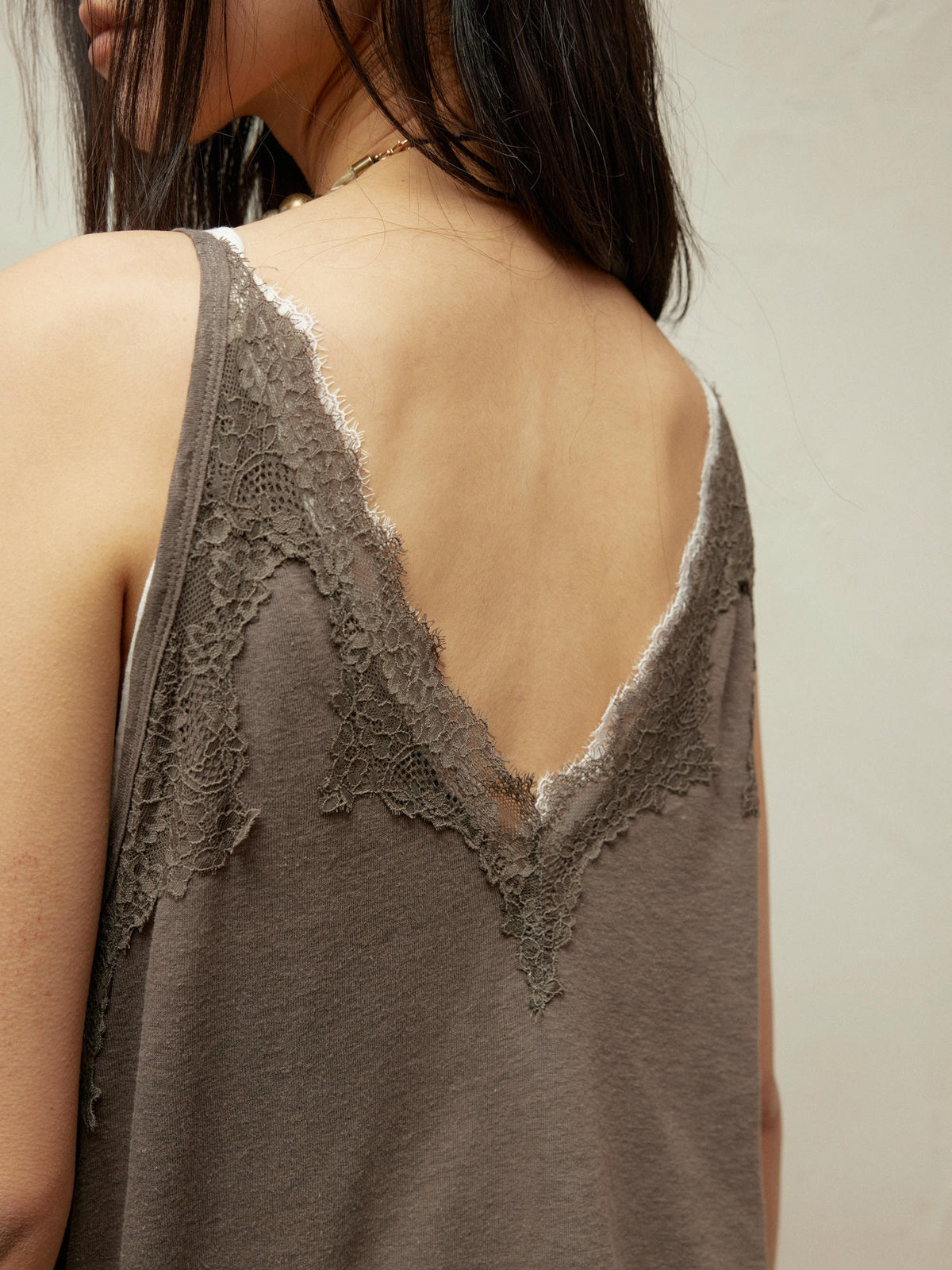 Lace-Paneled Linen V-Neck Tank
