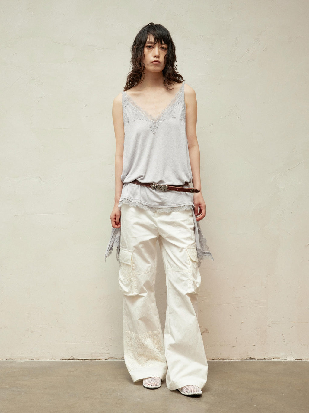 Lace-Paneled Linen V-Neck Tank