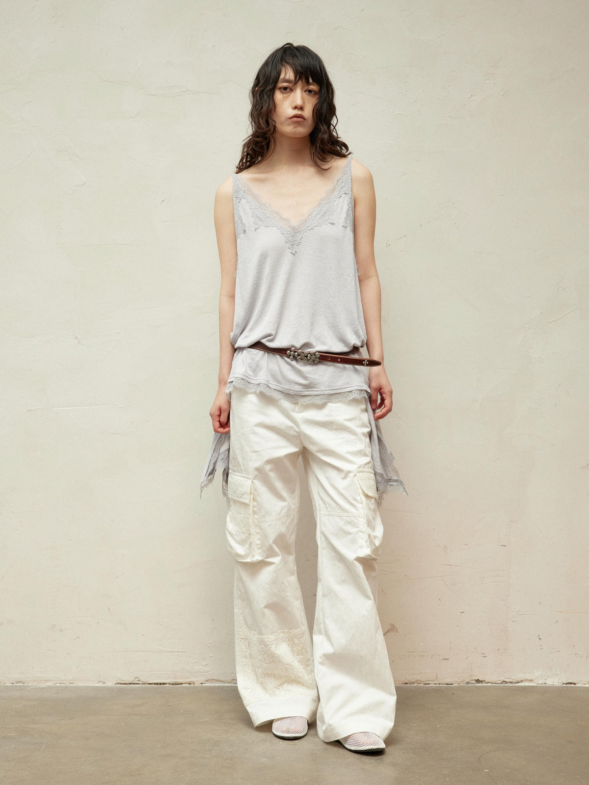 Lace-Paneled Linen V-Neck Tank
