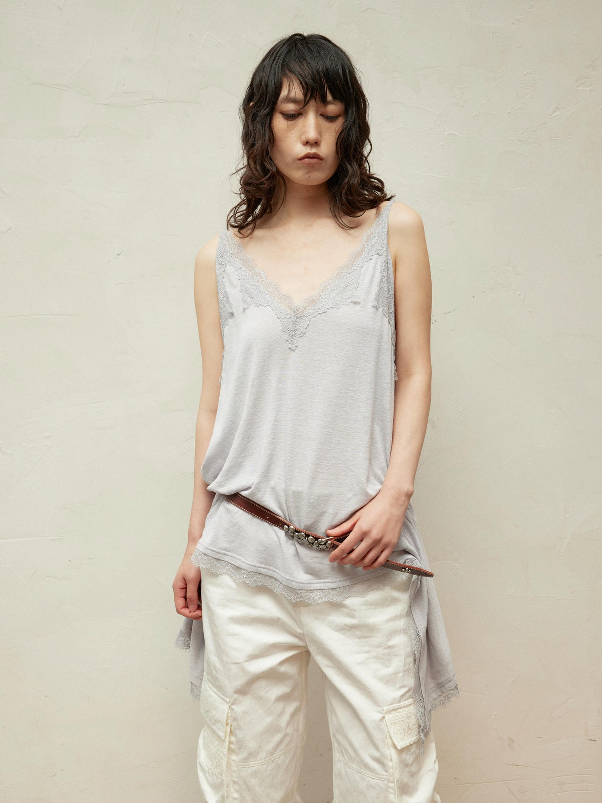 Lace-Paneled Linen V-Neck Tank