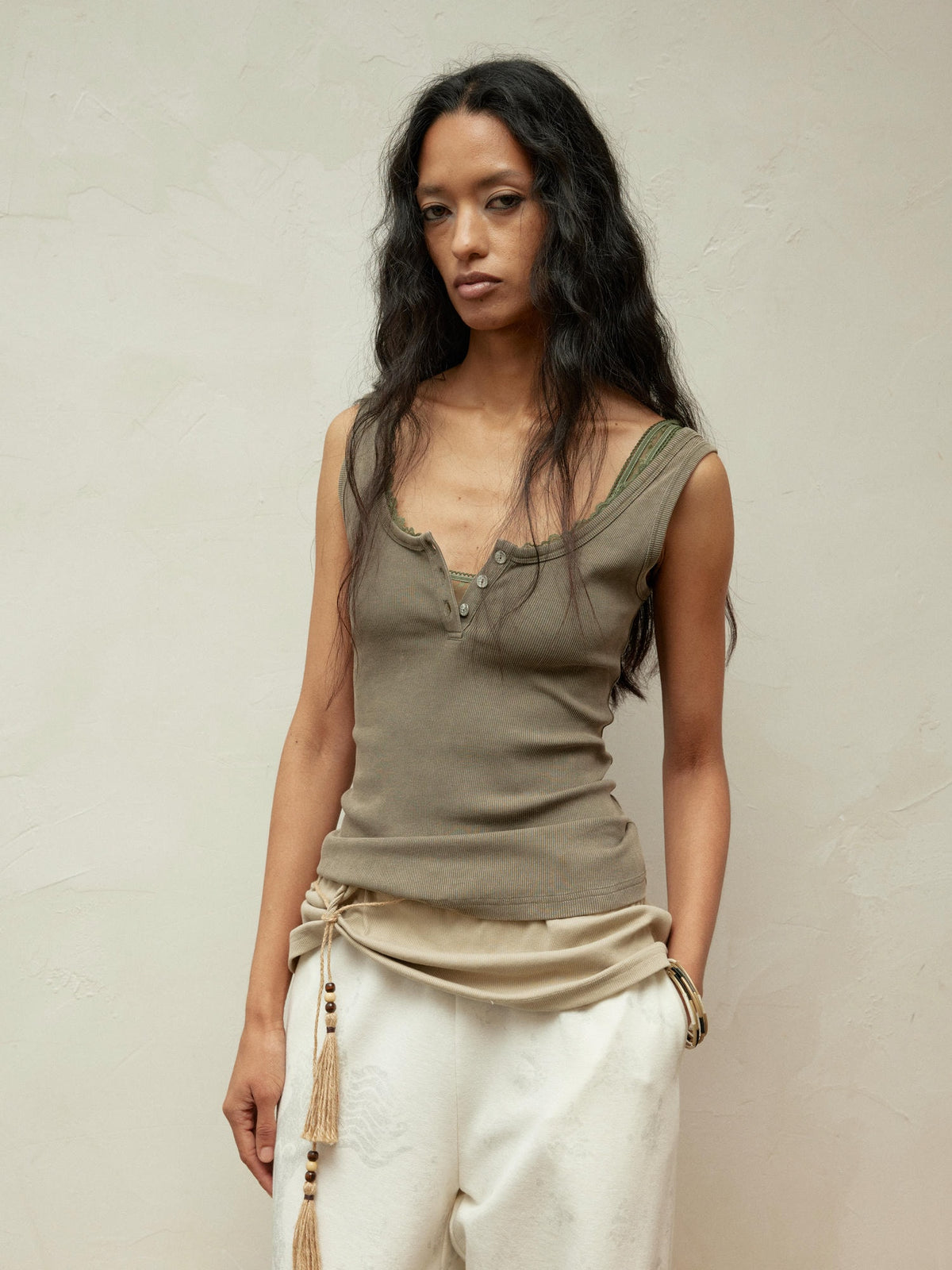 Lace Collar Paneled Henley Neck Layering Utility Vest