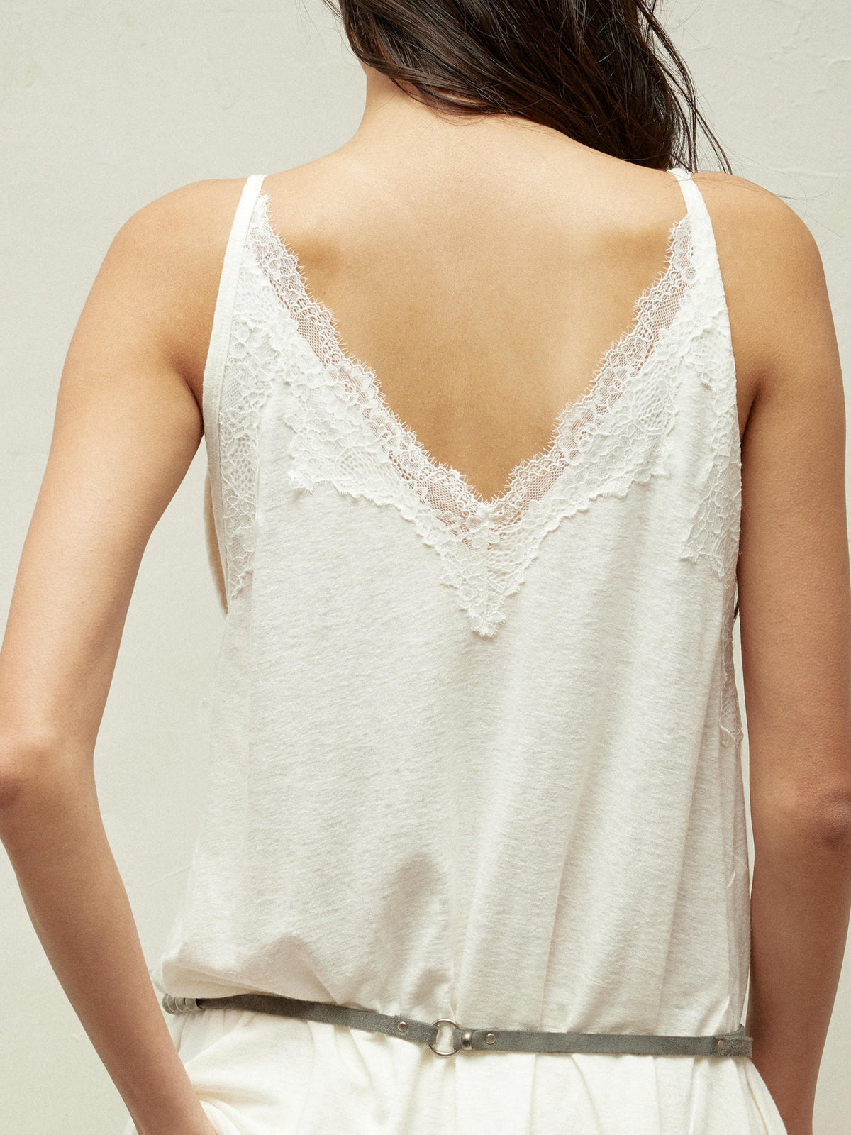 Lace-Paneled Linen V-Neck Tank