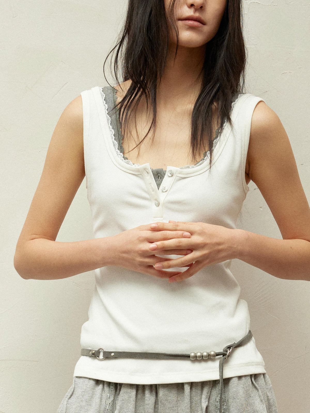 Lace Collar Paneled Henley Neck Layering Utility Vest