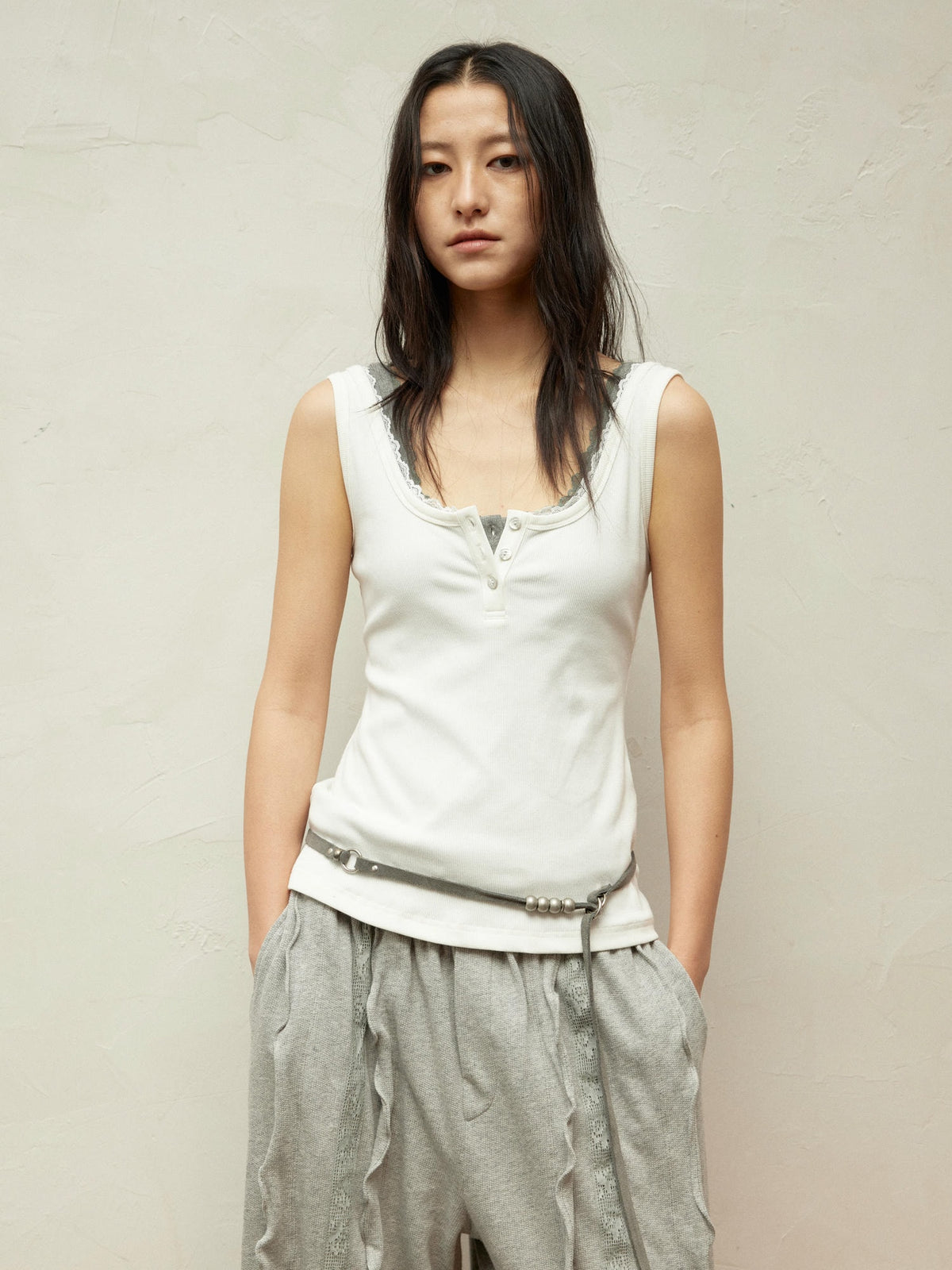 Lace Collar Paneled Henley Neck Layering Utility Vest