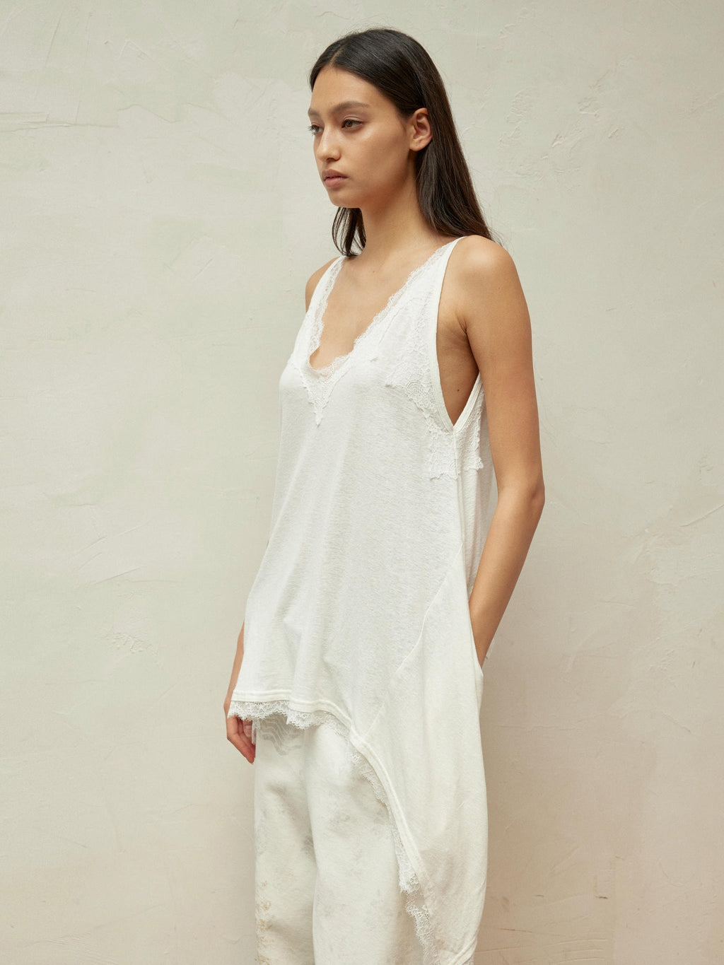 Lace-Paneled Linen V-Neck Tank